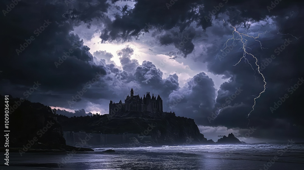 A dark, stormy landscape featuring a dramatic castle silhouetted against lightning and ominous clouds over a turbulent sea. A dark, stormy landscape featuring a dramatic castle silhouetted against lightning and ominous clouds over a turbulent sea.