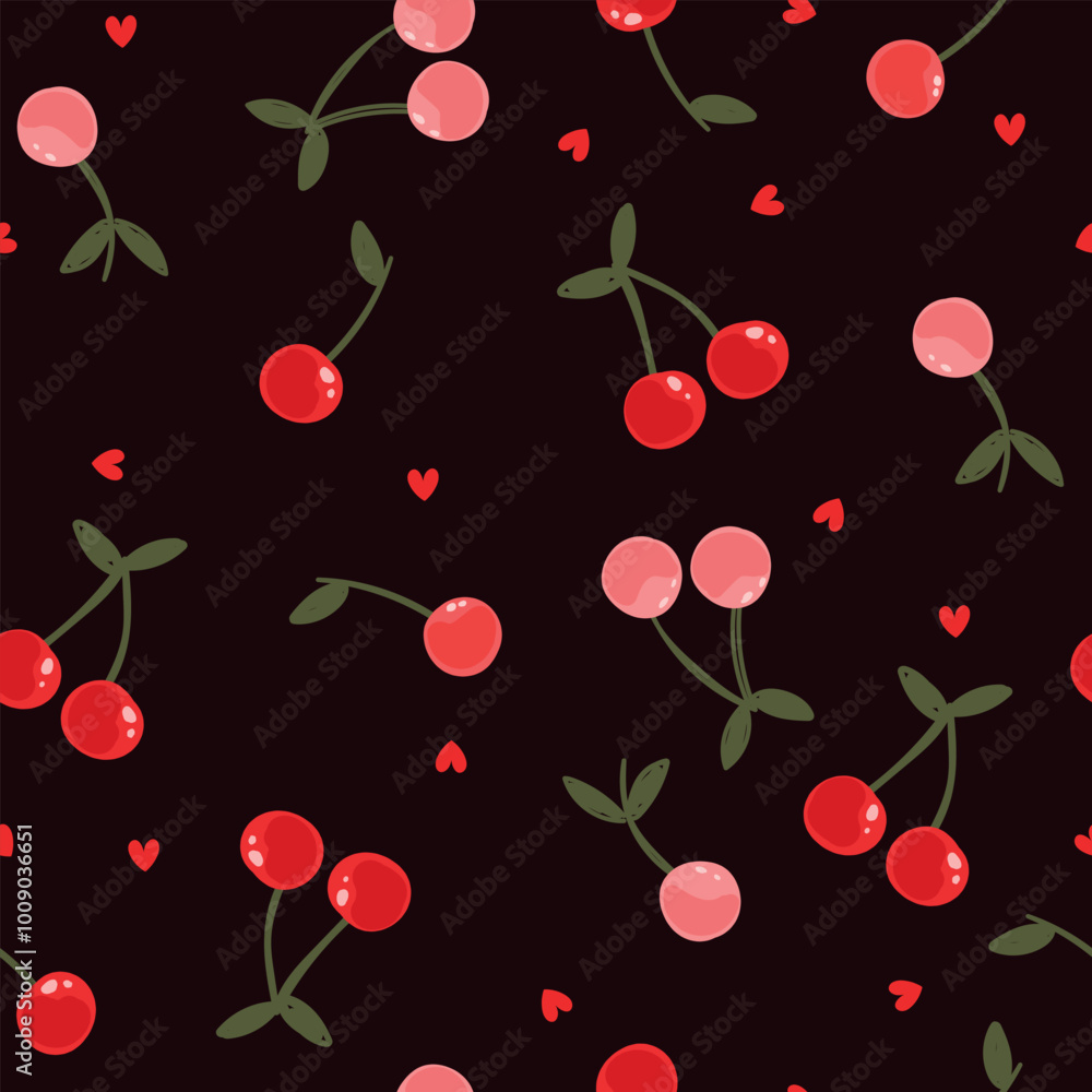Cherries and hearts on black backgrouns. Red, pink cherries and hearts cute pattern for wrapping paper, wallpaper, fabric. Cherries and hearts on black backgrouns. Red, pink cherries and hearts cute pattern for wrapping paper, wallpaper, fabric.