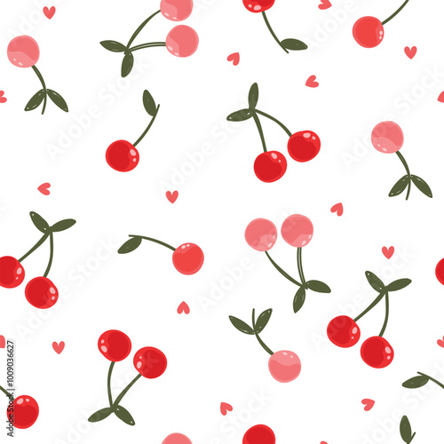 Seamless pattern with cherry and hearts on white background.