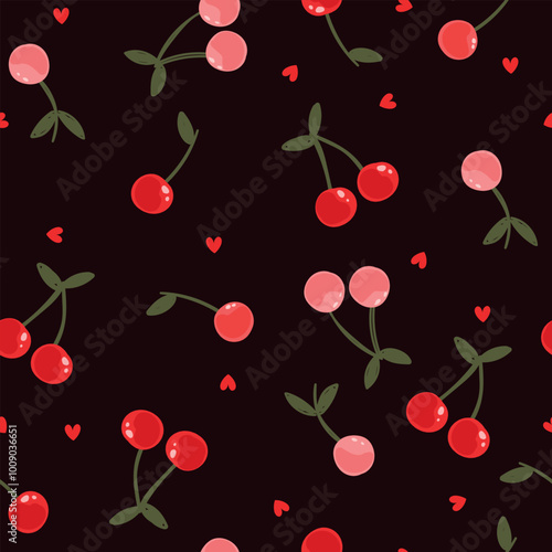 Cherries and hearts on black backgrouns. Red, pink cherries and hearts cute pattern for wrapping paper, wallpaper, fabric.