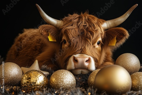 scottish highlander cow in an explosion of flowers christmas style artwork photo