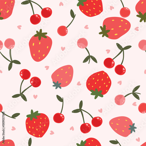 Seamless pattern with sreawberries, cherriws and hearts. Vector illustration for wrapping paper, fabric, walpaper.