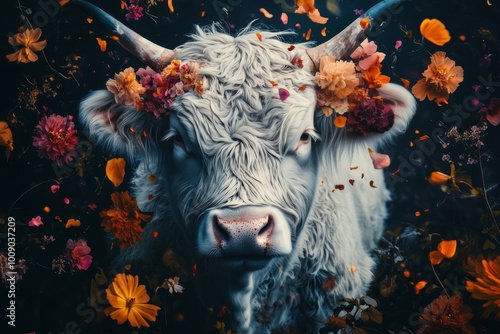 scottisch higlander cow with an explosion of flowers and a black background  photo