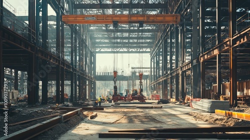 A dynamic construction site showcasing heavy machinery and structural framework, illustrating industrial progress and teamwork.