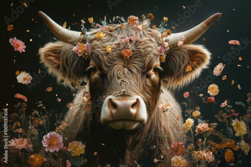 scottish highlander cow in an explosion of flowers christmas style artwork photo