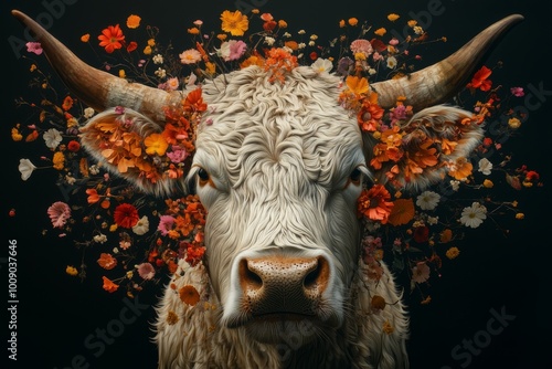 scottish highlander cow in an explosion of flowers christmas style artwork photo