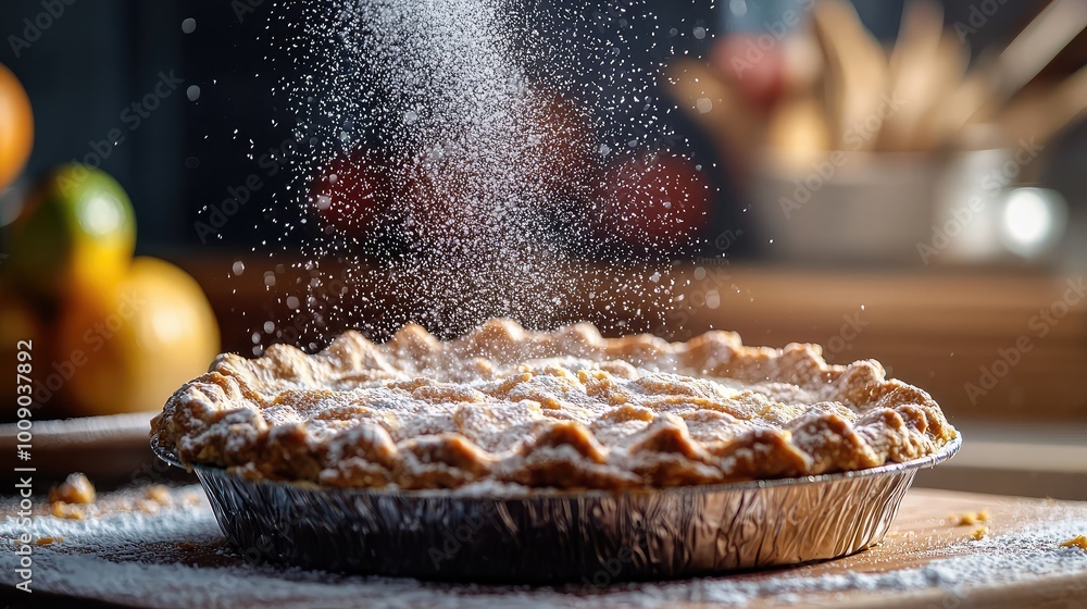 A freshly baked pie is dusted with powdered sugar, showcasing its golden crust and inviting filling amidst a cozy kitchen backdrop. A freshly baked pie is dusted with powdered sugar, showcasing its golden crust and inviting filling amidst a cozy kitchen backdrop.