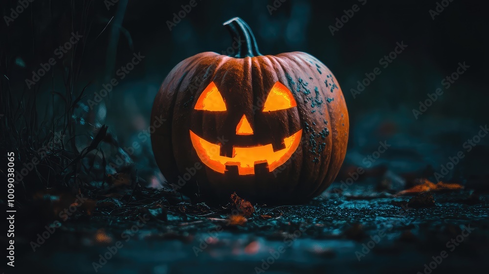 A glowing jack-o'-lantern shines in the dark, embodying the essence of Halloween with its cheerful yet spooky expression. A glowing jack-o'-lantern shines in the dark, embodying the essence of Halloween with its cheerful yet spooky expression.