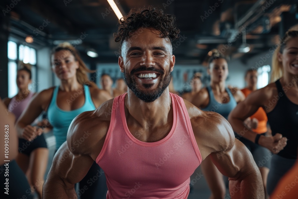 A man in a pink tank top smiling brightly while leading an energetic group fitness class, illustrating positivity, leadership, and camaraderie at the gym. A man in a pink tank top smiling brightly while leading an energetic group fitness class, illustrating positivity, leadership, and camaraderie at the gym.