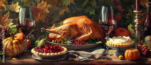 Dreamlike D of a Thanksgiving Feast with Roasted Turkey Mashed Potatoes Cranberry Sauce Pumpkin Pie and Red Wine photo