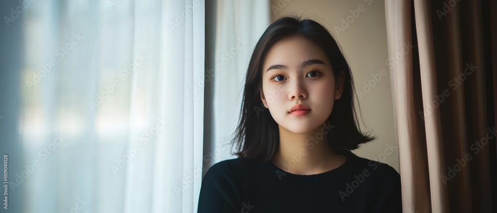 A young woman gazes thoughtfully out a window, illuminated by soft, natural light, creating a serene and introspective atmosphere. A young woman gazes thoughtfully out a window, illuminated by soft, natural light, creating a serene and introspective atmosphere.