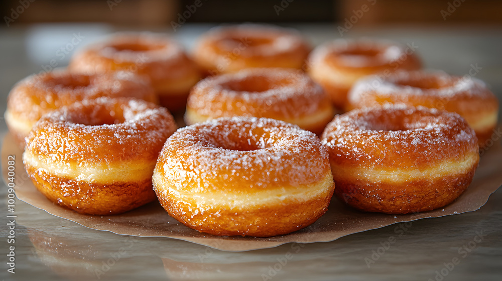 A Close-Up of Delicate Golden-Brown Doughnuts Dusted with Powdered Sugar, Showcasing Their Irresistible Texture and Sweet Aroma, Perfect for Illustrating Themes of Comfort Food, Indulgence, and Culina A Close-Up of Delicate Golden-Brown Doughnuts Dusted with Powdered Sugar, Showcasing Their Irresistible Texture and Sweet Aroma, Perfect for Illustrating Themes of Comfort Food, Indulgence, and Culina