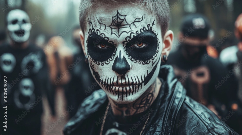 Man with Intricate Sugar Skull Makeup for Dia de los Muertos Festival Man with Intricate Sugar Skull Makeup for Dia de los Muertos Festival