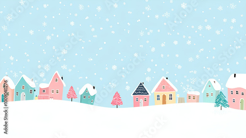 Blue sky with houses and trees covered in snow