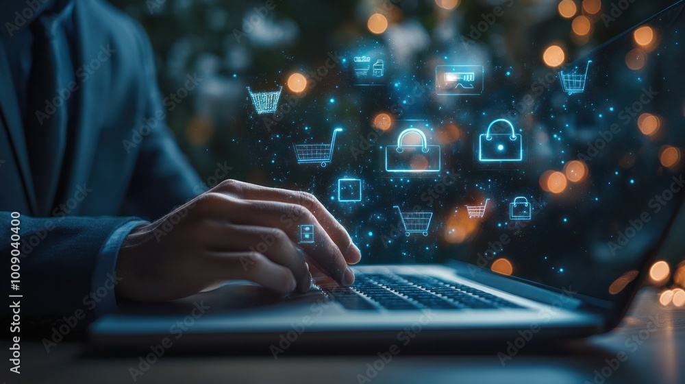 A businessman exploring an online retail platform with virtual shopping icons and seamless delivery options, emphasizing the convenience of e-commerce A businessman exploring an online retail platform with virtual shopping icons and seamless delivery options, emphasizing the convenience of e-commerce