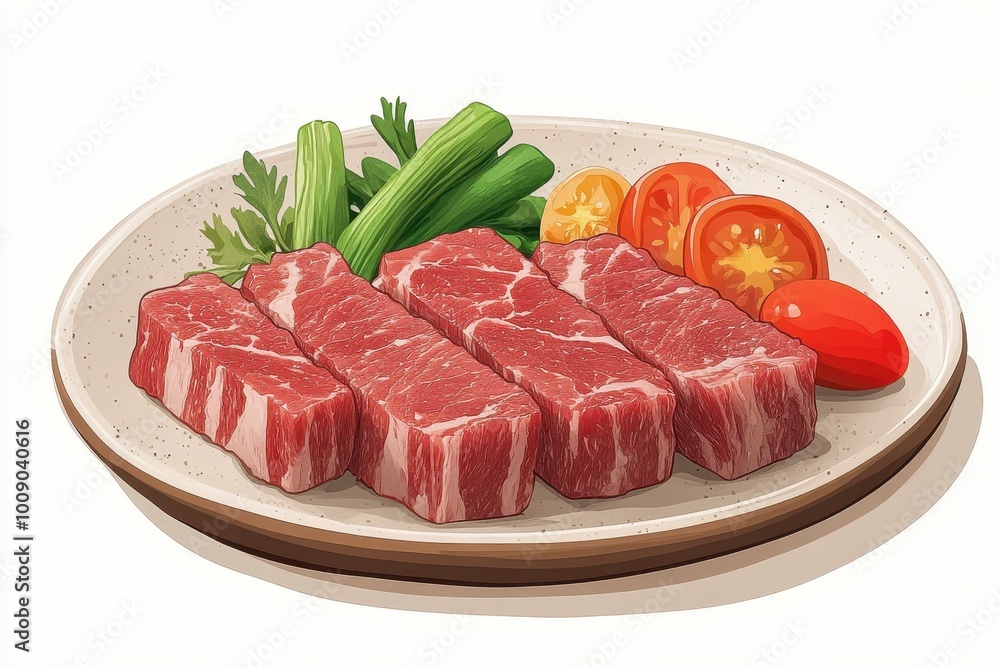 Fresh raw beef ribs served on a plate with vibrant vegetables, ideal for grilling or cooking recipes, white background Fresh raw beef ribs served on a plate with vibrant vegetables, ideal for grilling or cooking recipes, white background