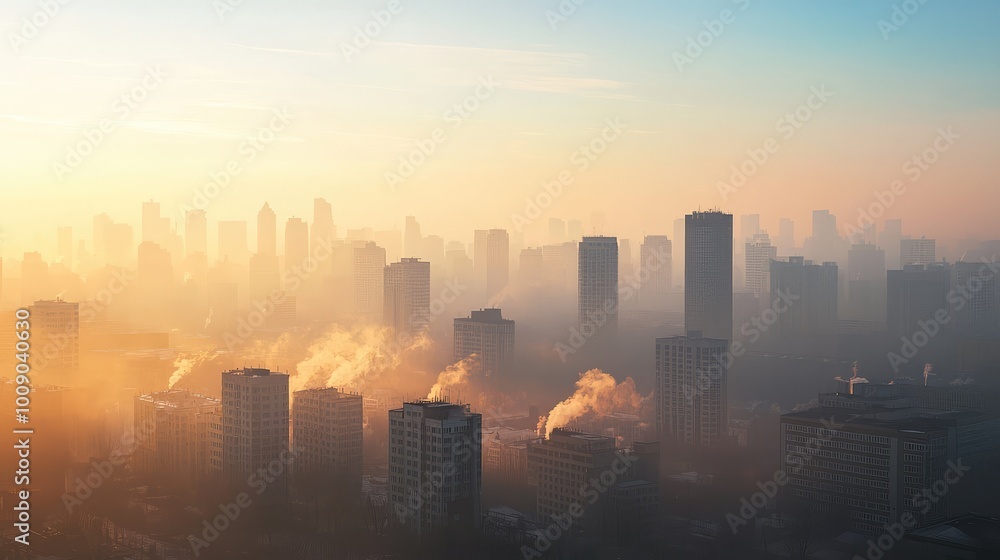 Fototapeta premium A panoramic cityscape at sunrise, featuring tall buildings shrouded in mist and smoke, evoking a sense of urban mystery and beauty.