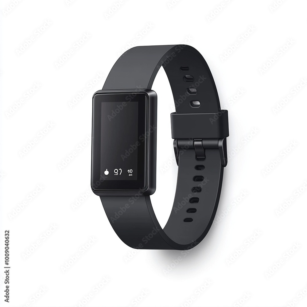 A sleek black fitness tracker with a digital display for monitoring health metrics. A sleek black fitness tracker with a digital display for monitoring health metrics.