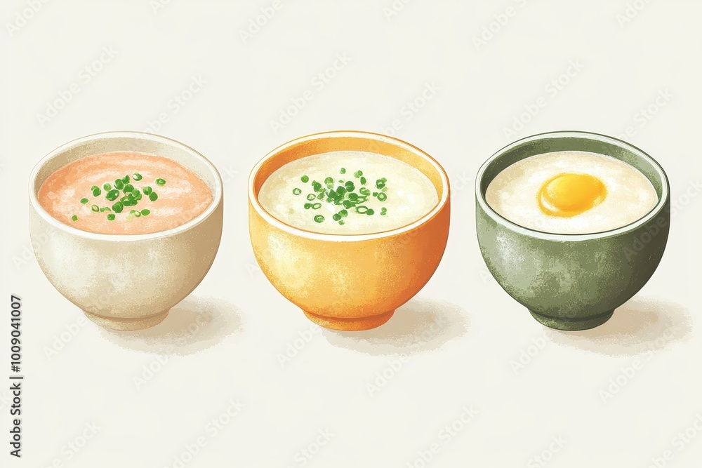 Three colorful bowls of creamy soup topped with green herbs and egg, perfect for a cozy meal or recipe inspiration, white background Three colorful bowls of creamy soup topped with green herbs and egg, perfect for a cozy meal or recipe inspiration, white background