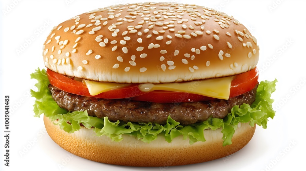 Juicy Cheeseburger with Lettuce, Tomato, and Fries in Classic American Meal_ Juicy Cheeseburger with Lettuce, Tomato, and Fries in Classic American Meal_
