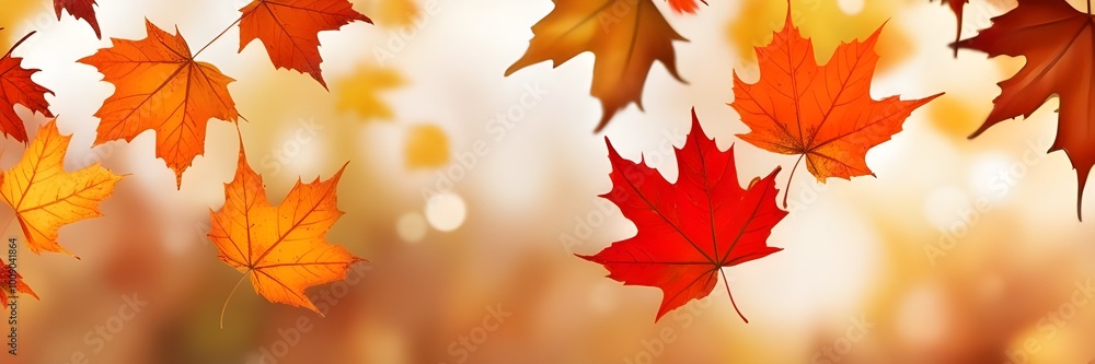 Fototapeta premium A burst of orange and red autumn leaves illuminated by bright light, creating a warm, dreamy bokeh effect. 