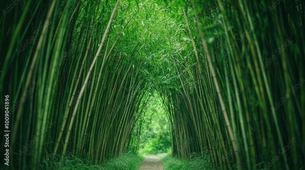 Fototapeta premium Bamboo Grove Pathway, a vibrant passage through dense bamboo, leading to a blurred jungle backdrop, inviting exploration of lush greenery and exotic flora.
