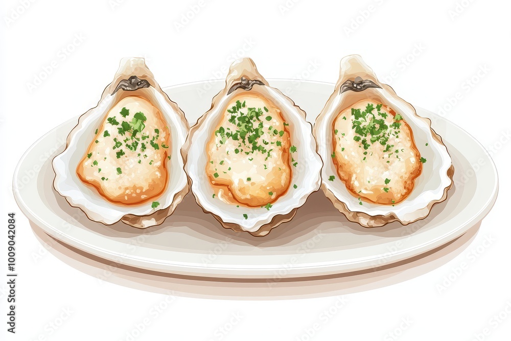 A delicious plate of oysters garnished with herbs, showcasing a fine seafood dish perfect for gourmet dining experiences, white background A delicious plate of oysters garnished with herbs, showcasing a fine seafood dish perfect for gourmet dining experiences, white background