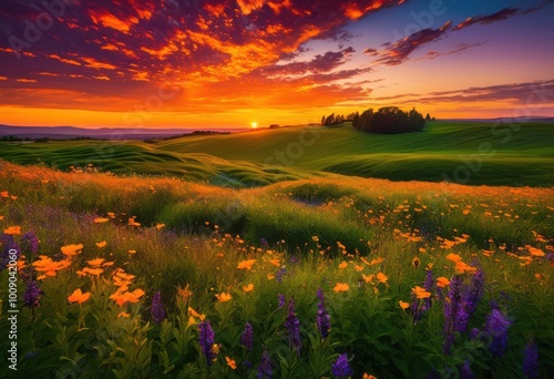 lush vibrant fields illuminated breathtaking sunset spectrum vivid colors, landscape, sky, horizon, nature, scenery, illumination, warmth, beauty, flower