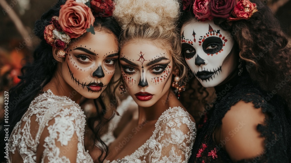 Fototapeta premium Vibrant Dia de los Muertos Celebration with Intricate Sugar Skull Makeup and Floral Crowns