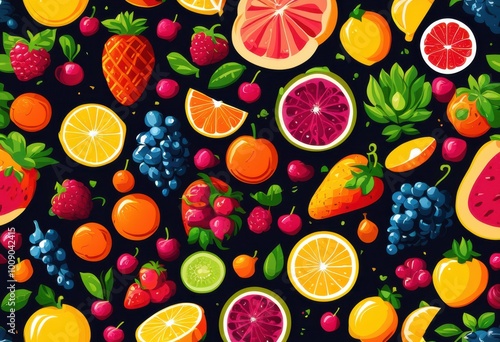 Wallpaper Mural vibrant colorful food icons displayed textured backgrounds featuring desserts eye catching design, apple, banana, cherry, kiwi, mango, orange, pineapple Torontodigital.ca