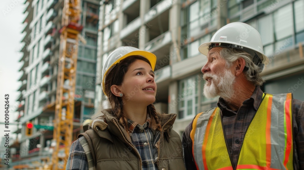 A man and a woman, both wearing hard hats and safety vests, stand together in front of a towering building under construction, engaged in conversation. A man and a woman, both wearing hard hats and safety vests, stand together in front of a towering building under construction, engaged in conversation.