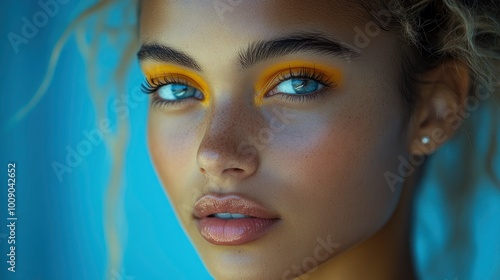 Wallpaper Mural Close-up of a Young Woman with Blue Eyes and Yellow Eye Shadow Torontodigital.ca