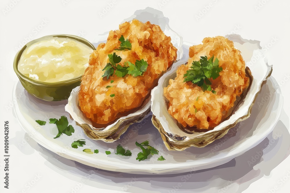 Delicious baked oysters topped with herbs and served with a creamy sauce, perfect for gourmet dining or seafood lovers, white background Delicious baked oysters topped with herbs and served with a creamy sauce, perfect for gourmet dining or seafood lovers, white background