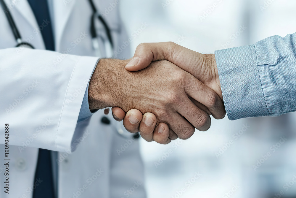 Doctor and patient handshake in a modern clinic setting Doctor and patient handshake in a modern clinic setting