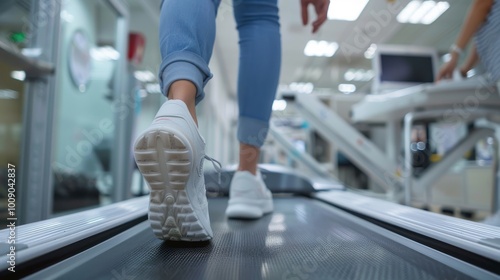 A patient walking on a treadmill in a clinic while a specialist observes, showcasing a gait analysis for flat feet diagnosis.