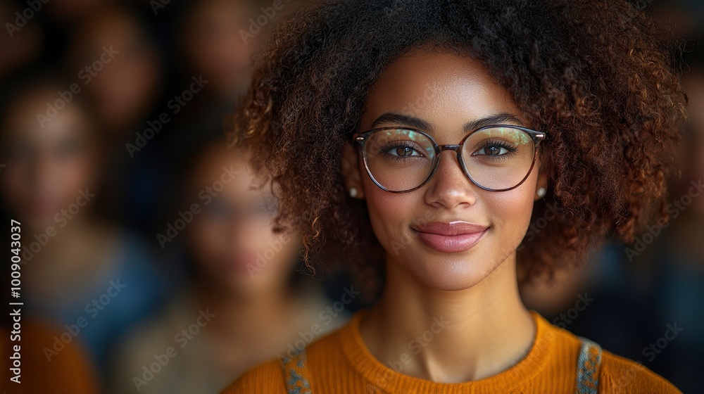 Confident Young Woman with Glasses Smiling in a Crowd Confident Young Woman with Glasses Smiling in a Crowd