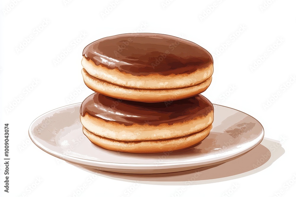 Delicious chocolate-covered cookie sandwich stacked on a plate, perfect for dessert or snack time indulgence, white background Delicious chocolate-covered cookie sandwich stacked on a plate, perfect for dessert or snack time indulgence, white background