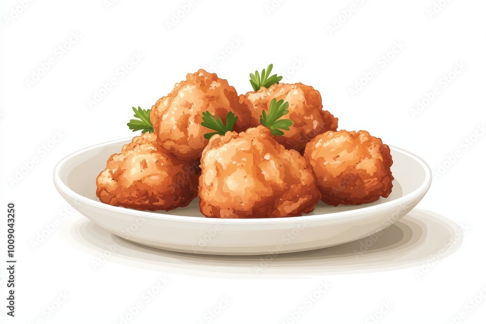 Delicious golden-brown fried snack served on a white plate, garnished with fresh parsley for an appetizing presentation, white background Delicious golden-brown fried snack served on a white plate, garnished with fresh parsley for an appetizing presentation, white background