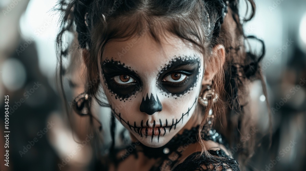 Dia de los Muertos and Halloween Fusion with Skull Makeup and Pumpkin Lanterns Dia de los Muertos and Halloween Fusion with Skull Makeup and Pumpkin Lanterns