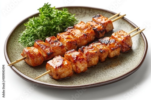 Delicious grilled meat skewers served on a plate with fresh greens, perfect for barbecues and culinary inspiration, white background