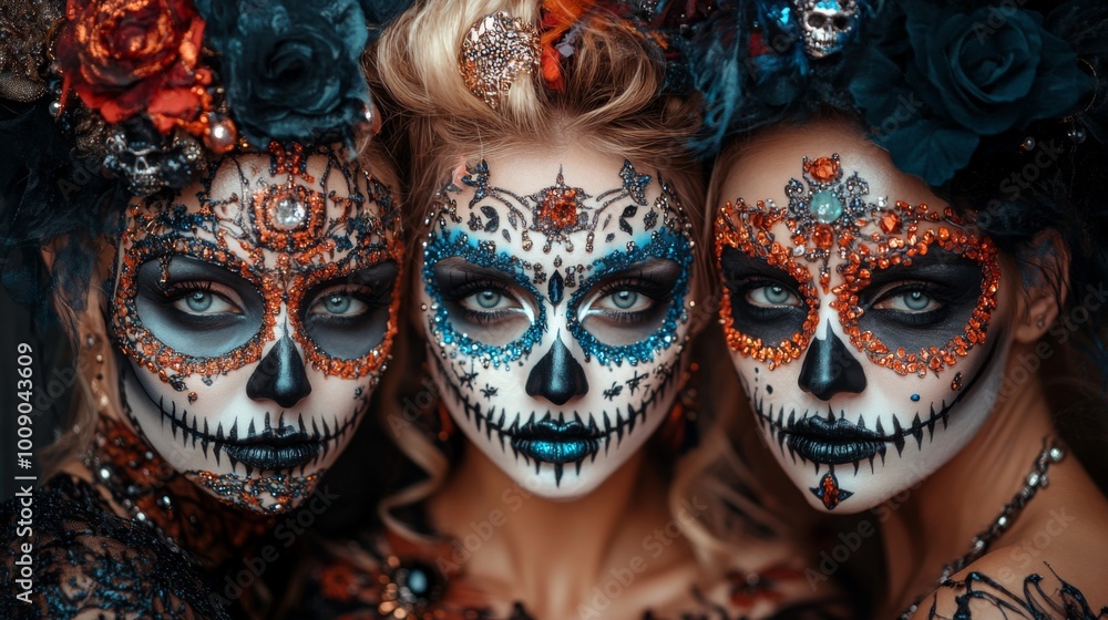 Dia de los Muertos and Halloween Fusion with Skull Makeup and Pumpkin Lanterns Dia de los Muertos and Halloween Fusion with Skull Makeup and Pumpkin Lanterns