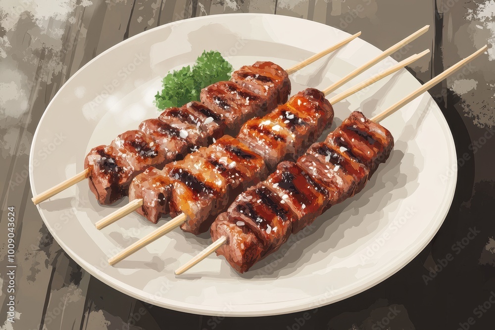 Delicious grilled skewers on a white plate, garnished with fresh herbs, perfect for food lovers and culinary enthusiasts, white background Delicious grilled skewers on a white plate, garnished with fresh herbs, perfect for food lovers and culinary enthusiasts, white background
