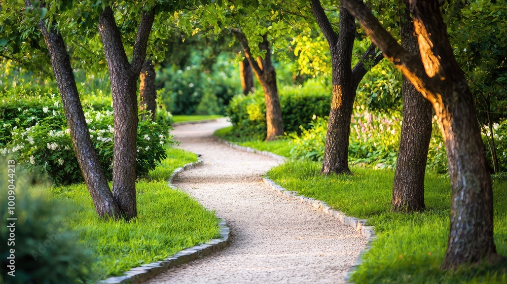 A serene winding path through a lush green garden, surrounded by vibrant trees and soft sunlight, inviting a peaceful stroll. A serene winding path through a lush green garden, surrounded by vibrant trees and soft sunlight, inviting a peaceful stroll.