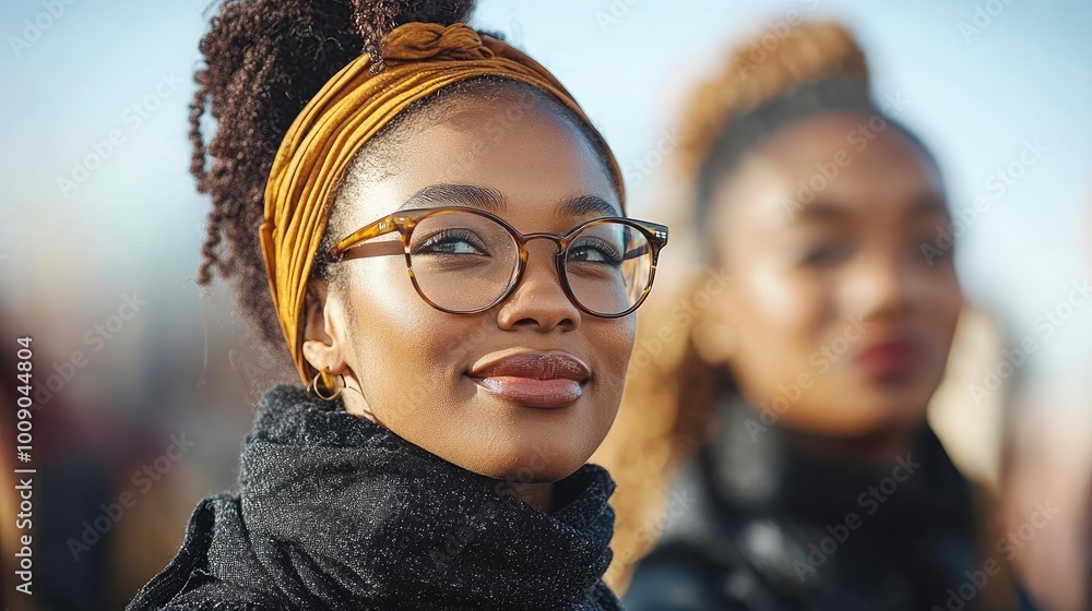 Confident Young Woman With Glasses Looking Up and Smiling Confident Young Woman With Glasses Looking Up and Smiling