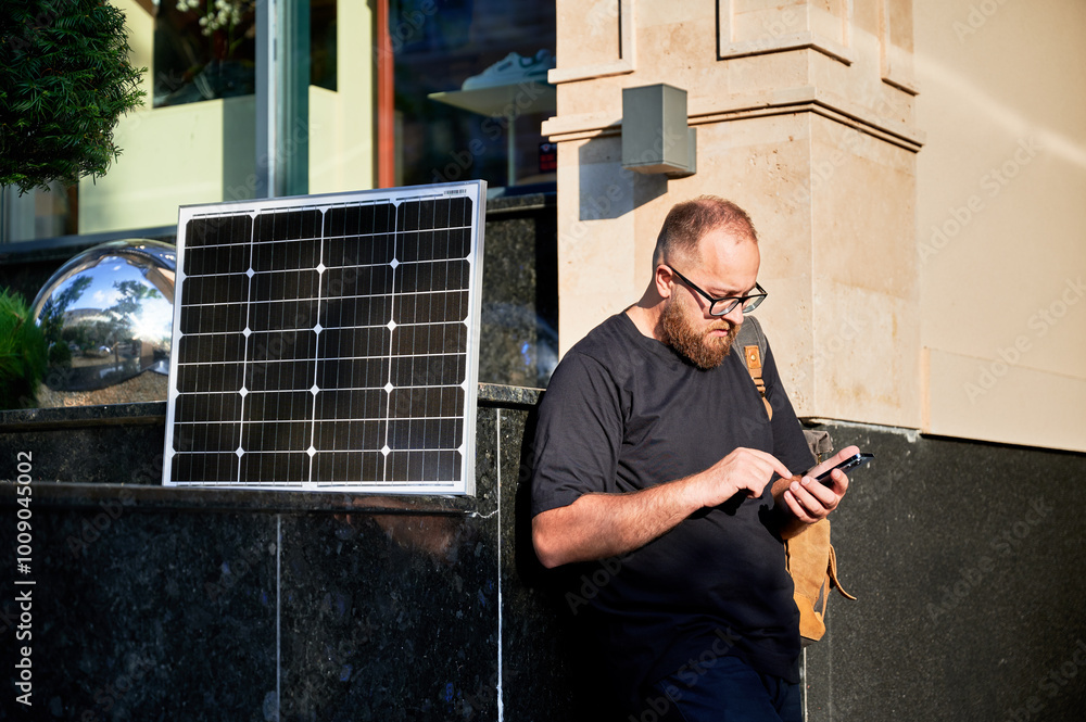 Bearded man using smartphone next to photovoltaic solar panel. Integration of sustainable renewable energy into everyday life, demonstrating practical use of solar power for charging devices. Bearded man using smartphone next to photovoltaic solar panel. Integration of sustainable renewable energy into everyday life, demonstrating practical use of solar power for charging devices.