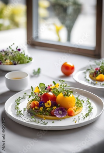 visually stunning plating colorful fresh ingredients served indoors artistic arrangement light presentation, colors, food, freshness, gourmet, style