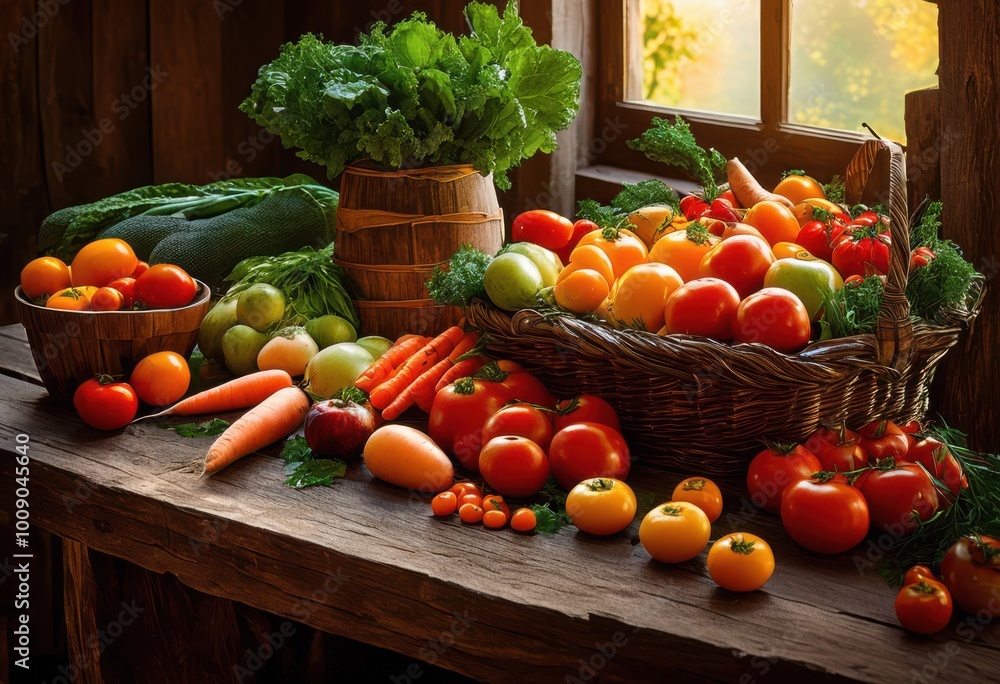 colorful display fresh farm produce arranged aesthetically rustic wooden table evoking sense abundance nature, organic, fruits, vegetables, vibrant, herbs colorful display fresh farm produce arranged aesthetically rustic wooden table evoking sense abundance nature, organic, fruits, vegetables, vibrant, herbs