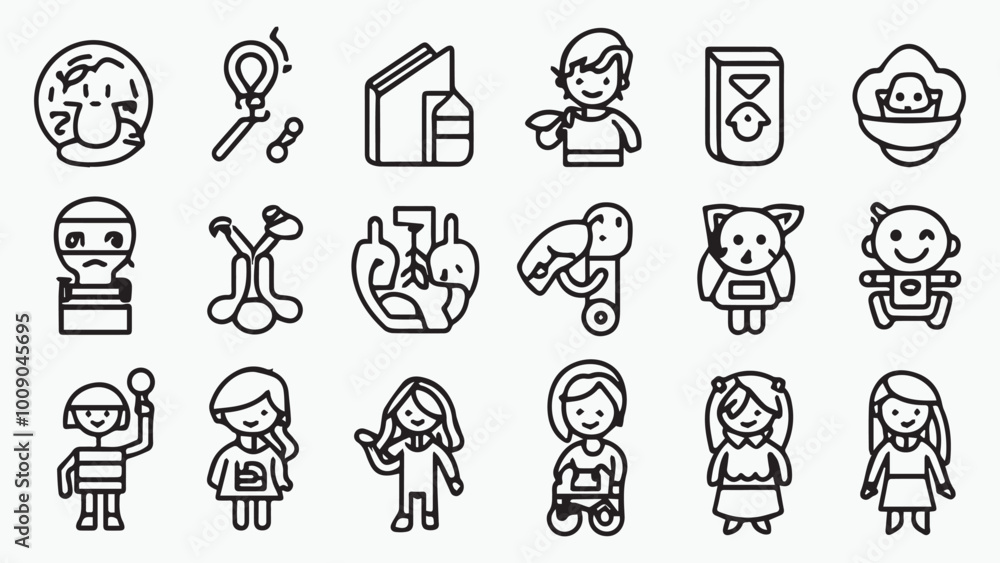 Set of outline icons related to kids. Linear icon collection. Editable stroke. Vector Set of outline icons related to kids. Linear icon collection. Editable stroke. Vector