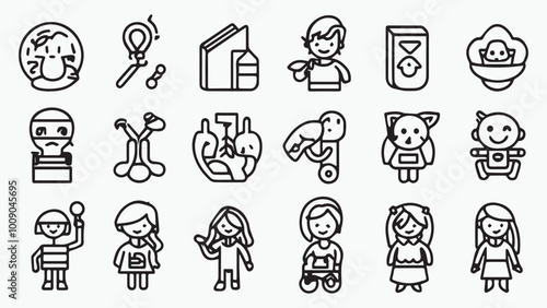 Set of outline icons related to kids. Linear icon collection. Editable stroke. Vector 