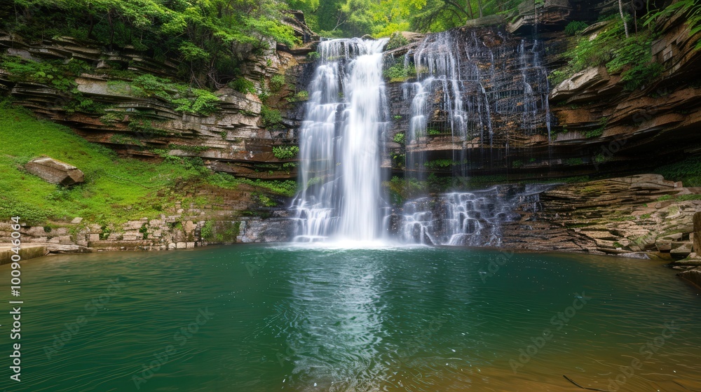 Obraz premium Tranquil Waterfall Postcard Scene, a serene cascade surrounded by lush greenery, inviting personal messages against a backdrop of soothing natural beauty